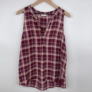 Joie Womens Silk Blouse Size M V Neck Plaid Sleeveless Red